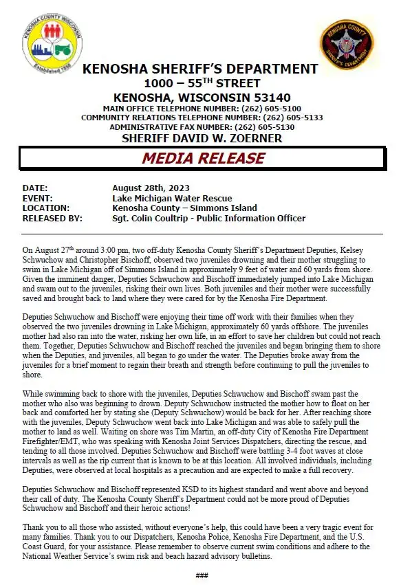 The Kenosha County Sheriff's Office Media Release, Sgt. Colin Coultrip - Public Information Officer